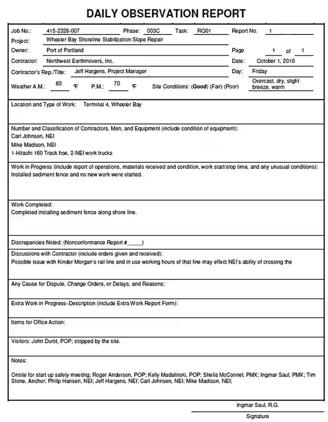 Blank Daily Observation Report Template