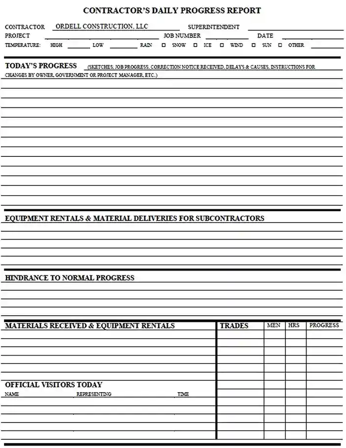 Construction Daily Progress Report Form Template