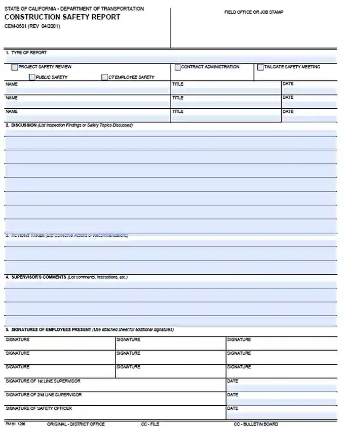 Daily Construction Blank Safety Report Template