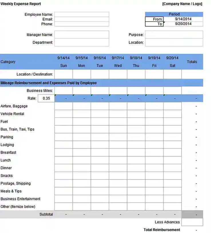 free employee weekly expense report