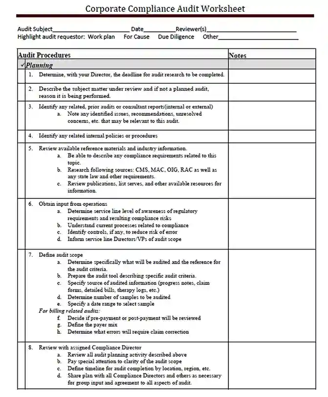 Corporate Compliance Audit Worksheet Report Template