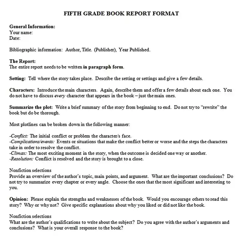 5th Grade Book Report Format - Examples of Book Report Format